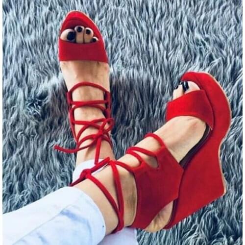 Moraima Snc Fashion Red Suede Lace-up Platform Wedge Sandal Woman Peep Toe Cutouts Summer Shoes Rome Style Black Sandal