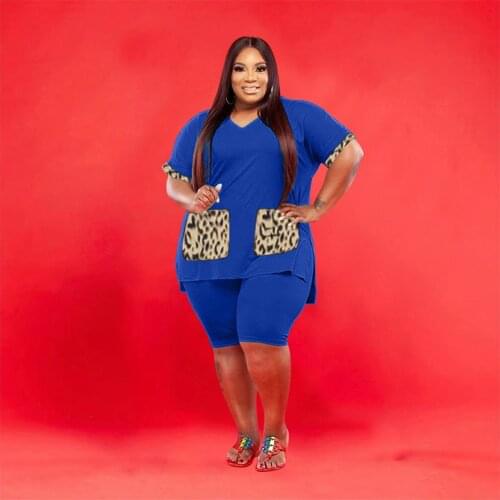 L-4XL Large Size Leopard Patchwork 2 Piece Short Set Women V Neck Short Sleeve Loose Tops and Knee Length Short Co Ord Outfits