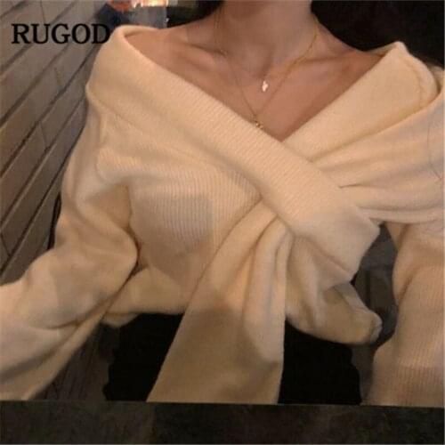 RUGOD Vintage Fashion Women Sweaters Plus Size V-Neck Criss-Cross Casual Women Pullovers Knitted Winter Clothes pull femme hiver