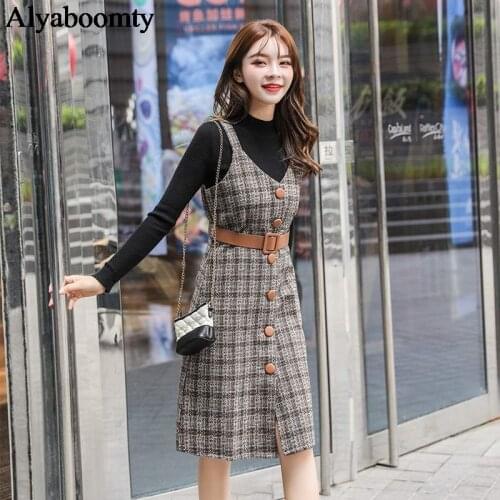 New Mori Girl Autumn Winter Women Sleeveless Warm Dress V Neck Plaid Buttons Sashes Vestidos Elegant Woolen Warm Female Sundress