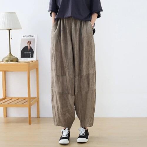 High Quality Womens Summer Wide Leg Pants Linen Solid Harem Pleated Pants Women High Waist Lace Up Ankle-Length Trousers Bottoms