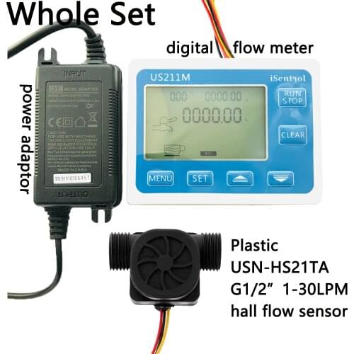 US211M Digital Flow Meter Totalizer Flow Measurement with Nylon Water Flow Sensor USN-HS21TA G1/2" Turbine Flowmeter iSentrol