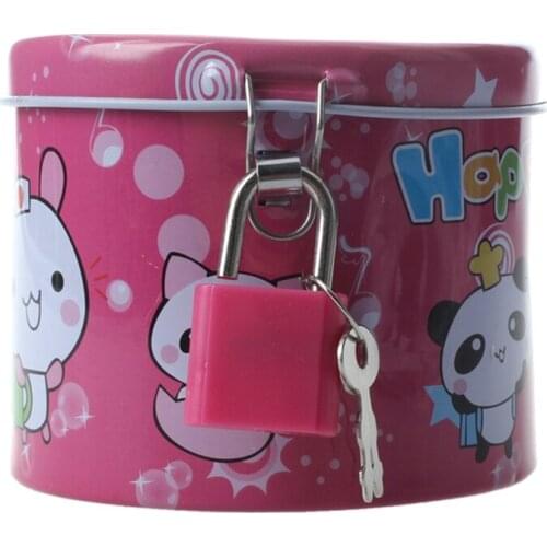 Cylinder Design Cartoon Print Piggy Bank Coin Money Saving Box w Padlock
