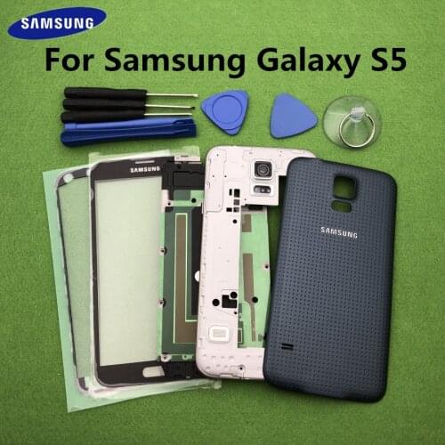 For Samsung Galaxy S5 SV G900 I9600 G900F G900H/P Full Housing Case Bezel Middle Frame Back Cover + Front Glass Lens Tools