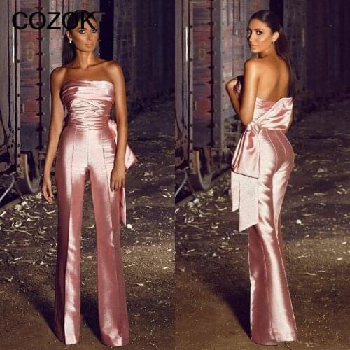 Elegant Jumpsuits Strapless Prom Dresses Long Big Bow Pink Evening Dresses Pant Suits Formal Party Gown Jumpsuit Celebrity Gowns