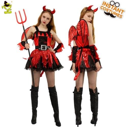 Halloween Womens Sexy Devil Dresses Costume with Wings Adult Female Cosplay Devil Outfits for Purim Party Fancy Dress Up