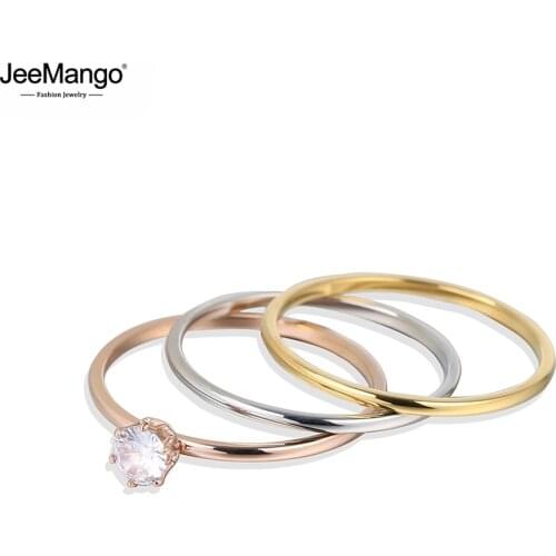 JeeMango Trendy 3 In 1 Colorful Gold Cubic Zirconia Party Rings Jewelry Titanium Steel Wedding Engagement Ring For Women JR19178