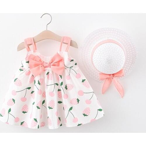 Summer Baby Girl Dress With Hat 2 Piece Outfits Print Toddler Infant Dress Casual Bow Children Clothing Baby Girl Clothes 0-3Y