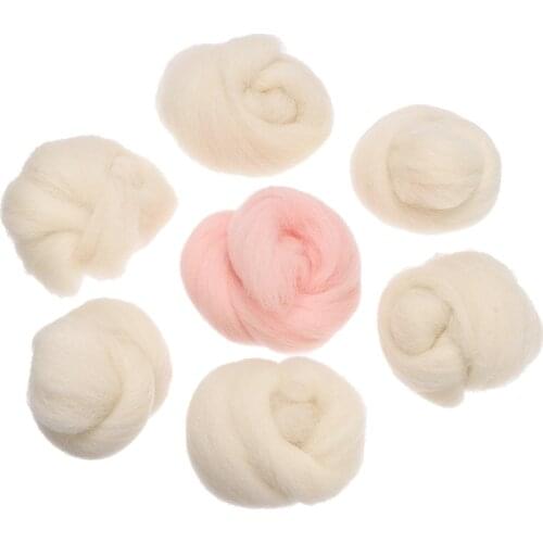 Mayitr 6pcs White + 1pc Pink 35g Felting Wool Fiber Needle Felting Natural Wool Rovings For 3D Animal Projects DIY Sewing Crafts