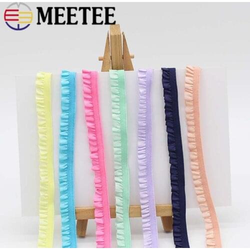 Meetee 20meters 10mm Pleated Stretch Lace Trims Ribbons Ruffled Elastic Band Baby Hairband Belt Shoes Decorative Tapes DIY Craft