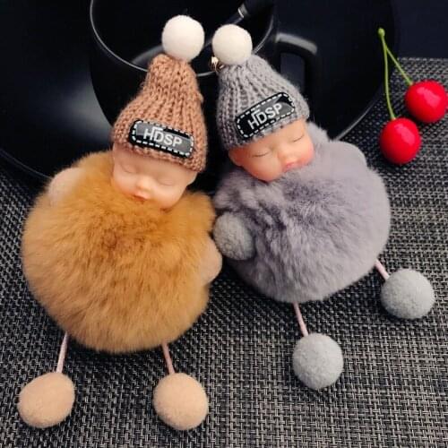 Cute Sleeping Baby Doll Keychain Key Chain Fur Pompom Ball Keychains Car Keyring Pom pom Toys Knitted Hats Beannie Key ring D23