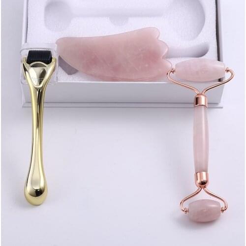 Natural Rose Quartz Jade Roller Facial Full Body Massager Jade Roller Jade Scraper Microneedle Roller Skin Care Set Box