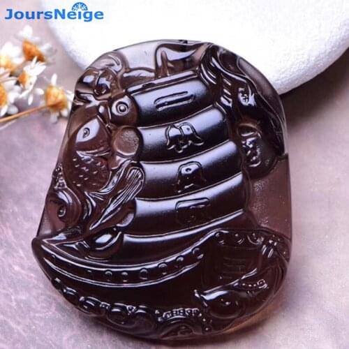 Wholesale Ice Natural Obsidian Stone Necklace Smooth Sailing Ferry Pendants Obsidian Women Men Sweater Chain Fashion Jewelry