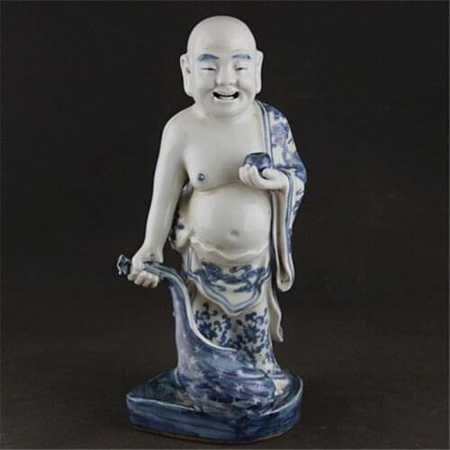 Old Chinese Blue and white porcelain cloth bag Arhat Buddha statue