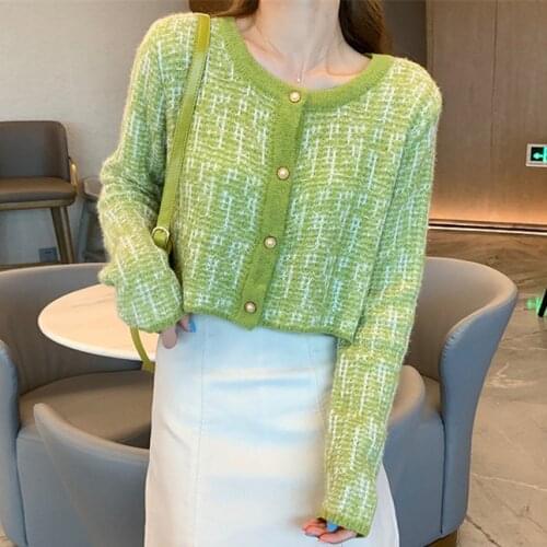 Vintage Single Breasted Pearl Cardigan Sweater Women Elegant Autumn O-neck Long Sleeve Knitted Cardigan Female Outerwear Tops