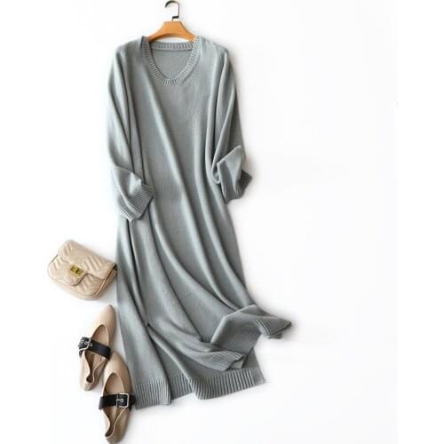 High Quality Winter New Styles 100% Cashmere Dresses Women Fashion Knitted Long Sleeve Warm Thick Pullovers Side Slit