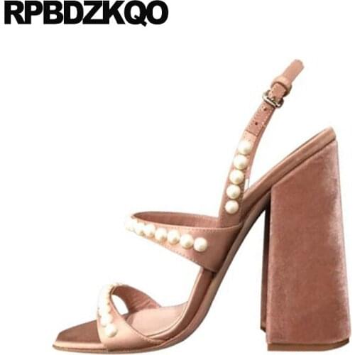 Slingback nice 2019 sandals pearl velvet pumps high quality shoes nude thick designer black chunky women open toe heels block
