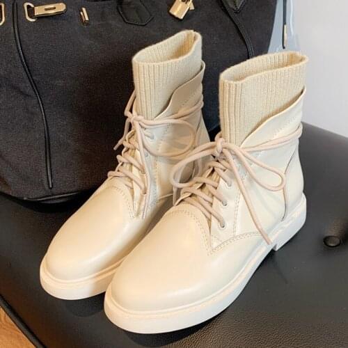 Women Genuine Leather Round Toe Cross Tied Thick Platform Ankle Boots Elastic Short Sock Boots Cow Leather All Match Lady Boots