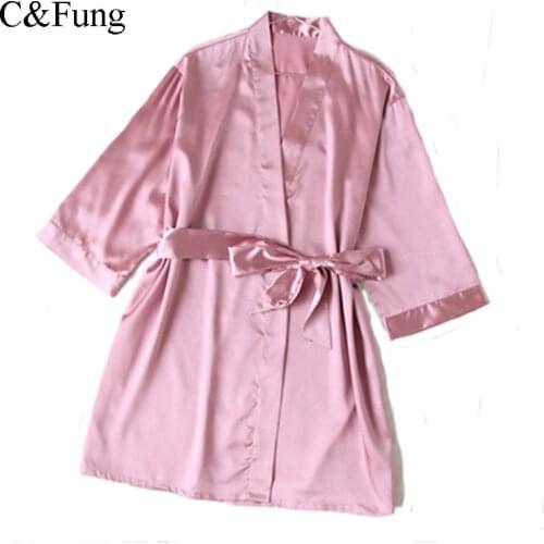 C&Fung Peignoir Femme Satin Robes dark pink champagne Plain Short Kimono night bathrobe Pajamas dressing gown robes women S-XXL