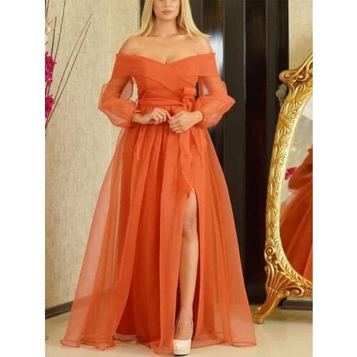 Women Elegant Dresses Off Shoulder Patchwork Sleeves Slit Orange Mesh Birthday Evening Party Robe Plus Size XXL with Waist Belt