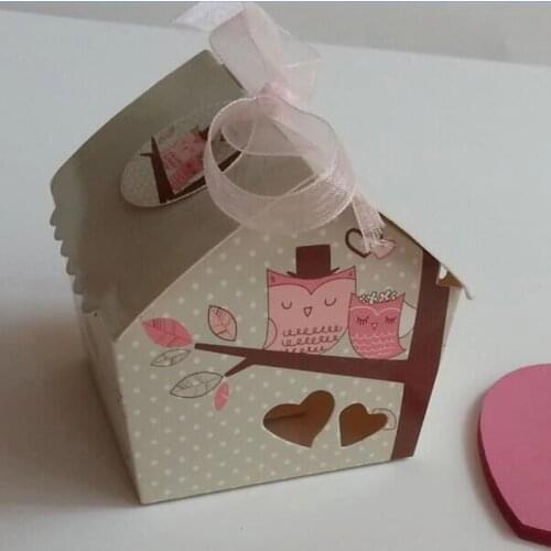 50pcs/lot Beautiful Mini Bird House Wedding Candy Box With Pink Ribbon Creative Sweet Heart Paper Candy Box Party Gift Box