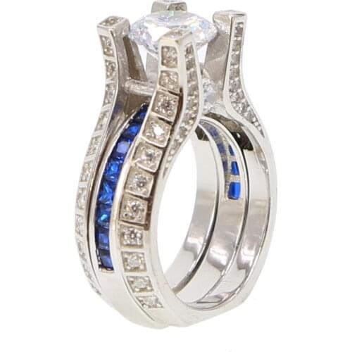 925 sterling silver blue white cubic zirconia cz Accent stone Women wedding engagement luxury silver promise ring set