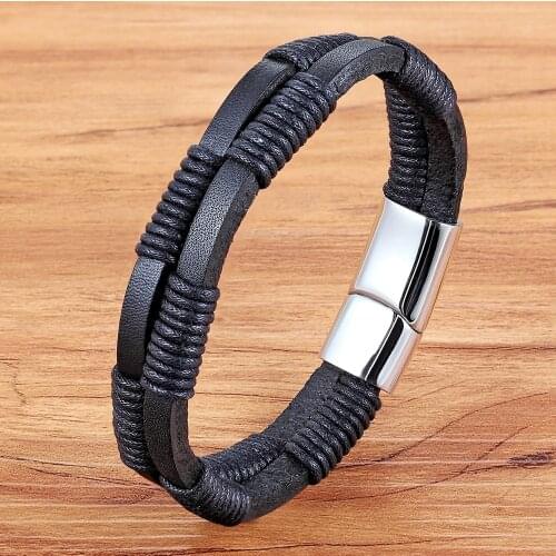TYO Hot Fashion Men Multilayer Leather Bangles Magnetic-clasp Braided Multi Layer Wrap Trendy Stainless Steel Bracelet Armband