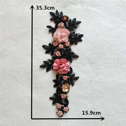 Black Fabric 3D Flowers Roses Rhinestone Beads Sequin Appliques Lace Trims Embroidery Mesh Sew On Patches For Wedding Decoration