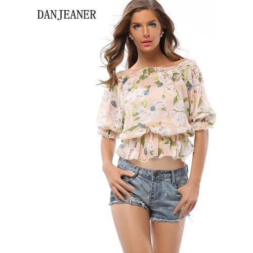 Danjeaner 2017 Sexy Off Shoulder Ruffle Bow Blouse Shirt Women Fashion Printed Floral Summer Tops Elegant Beach Blusas Mujer