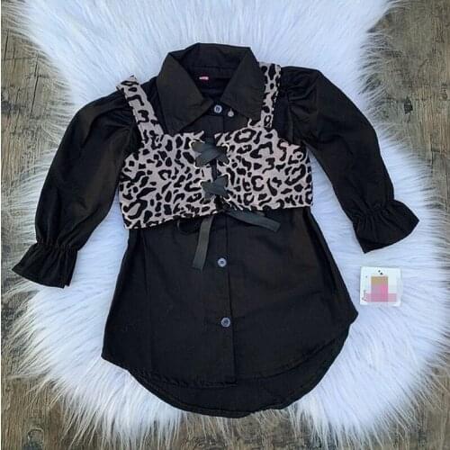 FOCUSNORM Autumn Fashion Girls Dress Outfit 2pcs Solid Lapel Flared Cuff Single-breasted Shirt Dress + Leopard Print Tie Up Vest
