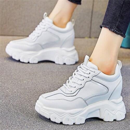 Fashion Sneaker Womens Cow Leather Round Toe Ankle Boots Platform Wedge Increasing Height Casual Shoes 34 35 36 37 38 39