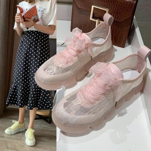 2020 Summer New Hollow out Mesh (Air mesh) Casual Solid Lace-Up Round Toe Breathable Thick Bottom Sports Shoes Lace Women Shoes