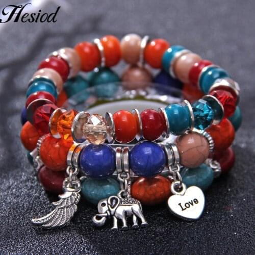 3-4 Multilayer Bracelet Set Bohemian Jewelry For Women Turquoise Beads Bracelet Wing Elephant Heart Charm Crack Agates Stone
