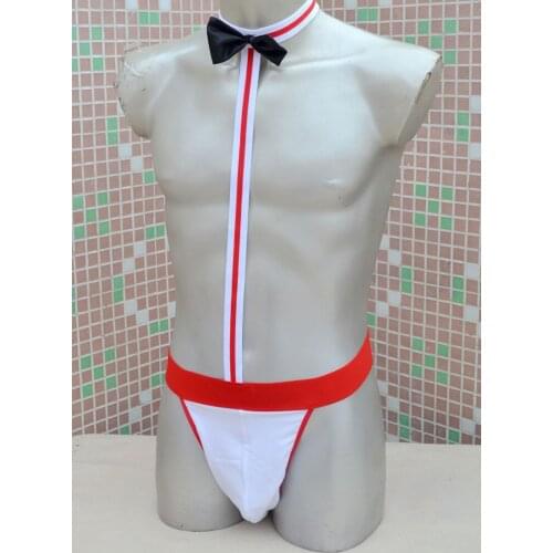 Hot Sexy Mens Suspenders Bodysuit Thongs Erotic Halter Bownot Adorning Jumpsuit Fantasy Male lingerie One-piece Underwear