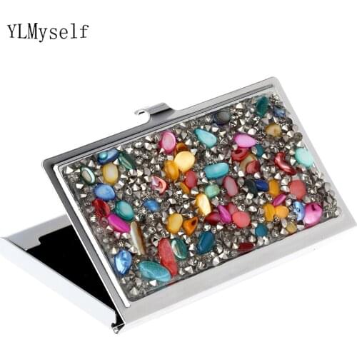 New Fashion Card Case Colorful Semi-Preciouse stones/Shell/Red Blue Green Grey Mix color Rectangle Metal Name card Holder