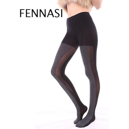 FENNASI Nylons Lady Sexy Tights Patchwork Sexy Women Pantyhose Sticky Woman Vertical Striped Female Erotic Warm Black Tights