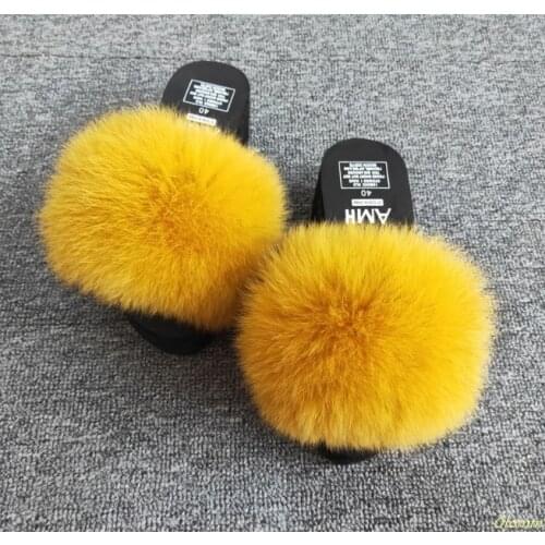 Real Fur Slippers platform Women Fox Home Fluffy Slippers With Feathers Furry Summer Flats Ladies Shoes Fox Fur Flip Flops