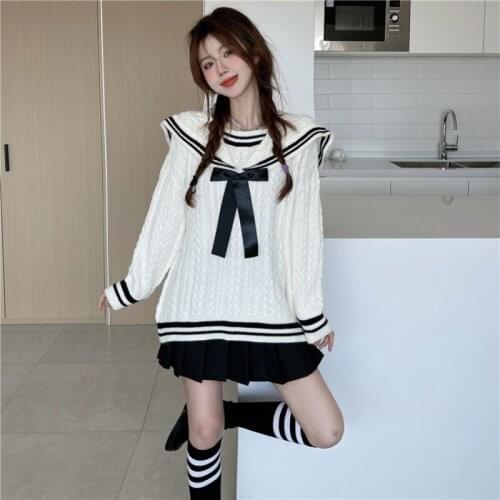 Vintage Sweater For Women Clothes Preppy Style Knitted Pullover Oversized Outwear Navy Collar Pull Femme Bow Top Sueter De Mujer