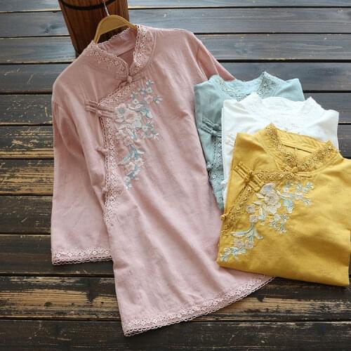 7468 New Spring Women Blouse Chinese Style Stand Collar Buckle Retro Floral Embroidery Shirt Long Sleeve Ramie Tops Women