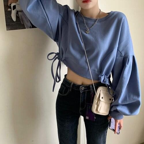 Womens Sweatshirt 2020 Korean Style Vintage O-neck Short Tops Puff Sleeve Fashionable Drawstring Loose Sweashirts Female