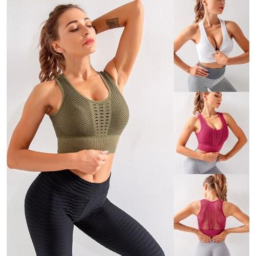 Fitness Womens T-shirts Workout Sports Bra Push Up Crop Top Anti-sweat Shockproof Padded Yoga Vest Hollow Workout Gym Tops