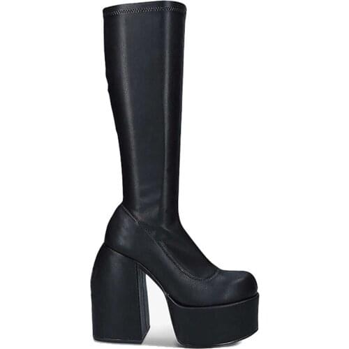 Punk Style Autumn Winter Boots Elastic Microfiber Shoes Woman Ankle Boots High Heels Black Thick Platform Long Knee High Boots