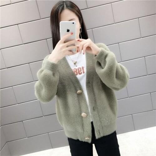 Imitation Mink Cashmere Cardigan Sweater Women Autumn Winter V-Neck Casual Warm Jacket Knitwear Outerwear Pull Femme X315