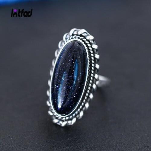 925 Sterling Silver Ring Jewelry Vintage Blue Sandstone Large Stone Luxury Elegant Ring Fine Gift Rings for Women Men
