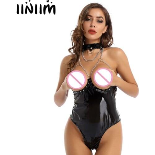 Womens Femme Wetlook Patent Leather Lingerie Apparel Teddies Bodycon Costume Open Cups Low Back Zippered Crotch Leotard Bodysuit
