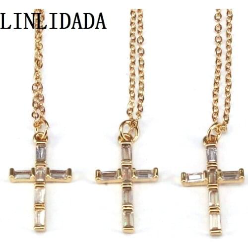 10Pcs Gold Color Micro Pave CZ Shiny Fashion Jewelry Cross Pendant Necklace