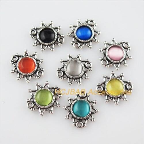24Pcs Tibetan Silver Tone Flower Mixed Stone Charms Pendant Connectors 14x15mm