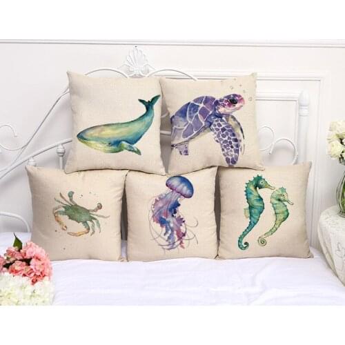 Turtles Printing Pillow Case Jellyfish Hippo Campus Whale Long Tail Fish Cushion Cover Sea Style Sofa Window Home Decoration
