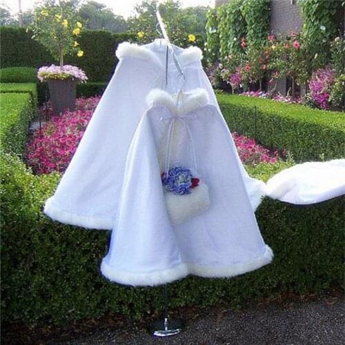 Long Warm Cloak White ivory Bride Winter Wedding Shawl Satin + Faux Fur Cloak Coat Childrens Wedding Shawl Cloak
