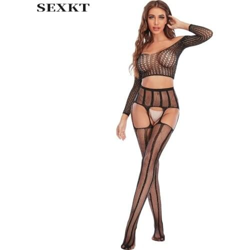 Erotic clothes Sex clothes Ladies Rhinestone Long Sleeve Split TopOpenPantyhose Diamond Shiny Sexy Lingerie Fishnet Clothes Suit